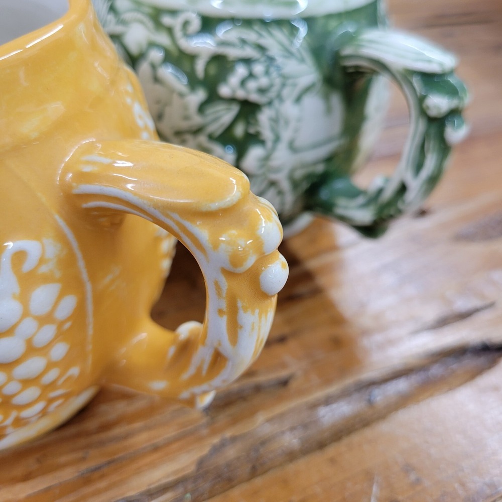 Set of 2 Vintage Mugs Green & Yellow Glazed Unique Relief Cups Signed 1970s - Picture 12 of 14